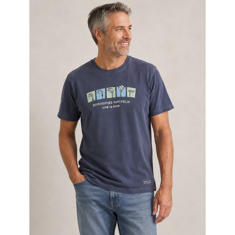 Life is Good Mens Crusher Tee Diversified Portfolio Golf Navy Blue Shirt M M1890